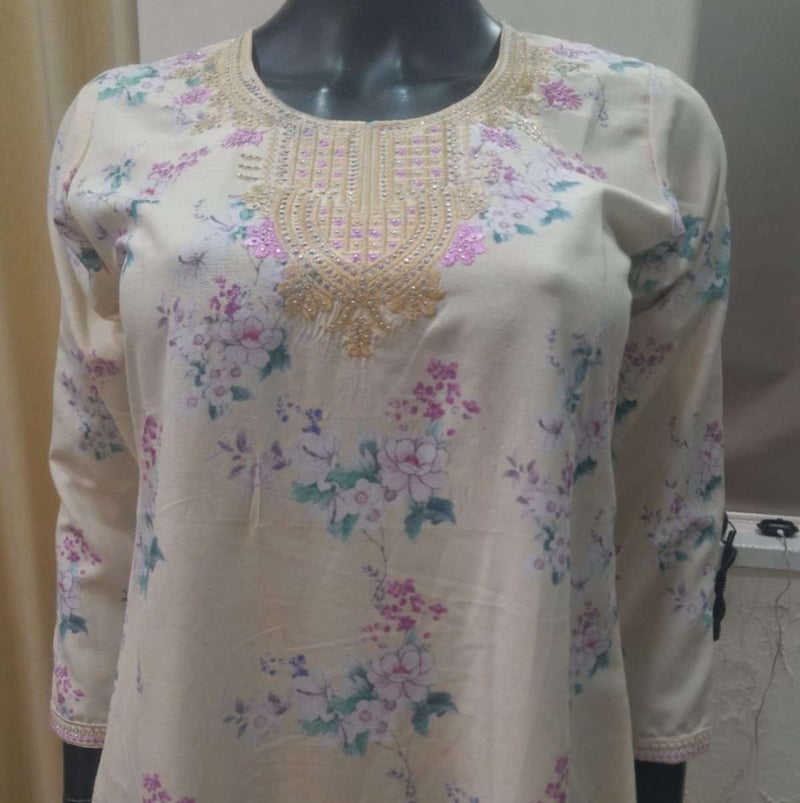 Girls Arabic Digital Print Jalabiya – Pastel Floral Festive Viscose Blended Comfort Dress